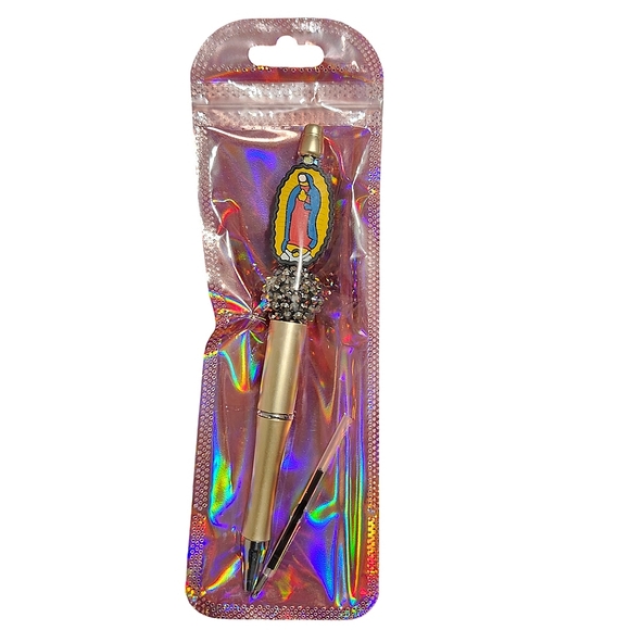 Virgen De Guadalupe Handmade Beaded Ballpoint Twist Pen Gold Focal Bead - Picture 4 of 6
